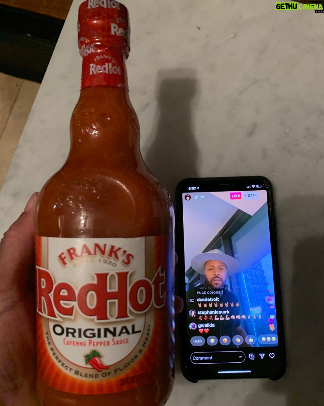 Queen Latifah Instagram - Two of the Highlights of my day. Fresh hot sauce and @dnice while I bleach wipe every piece of everything 😝