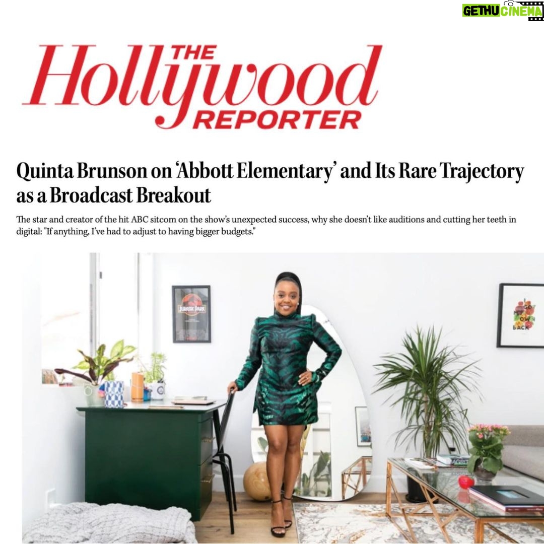 Quinta Brunson Instagram - The Hollywood Reporter broke into my home and took pictures of the stuff in my office! And me! It was a fun interview :) Hair: @hairjunkierandy MUA: @reneeloizmakeup styling: @bryonjavar Dress: @dolcegabbana