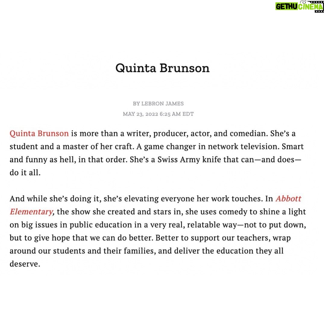 Quinta Brunson Instagram - Thank you @time for naming me one of the most influential people. And thank you to the goat (and my goat) @kingjames for your kind words 🥹.