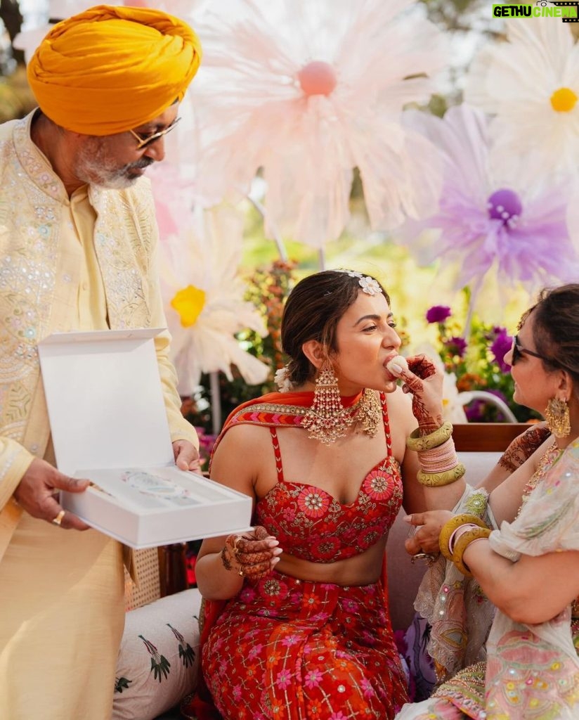 Rakul Preet Singh Instagram - Weddings are all about love and bonding and ofcourse food and needless to say lots of meetha !! A biggggg genuine thankyou to @theladdoowala for creating clean jaggery based gourmet goodness for us so I could eat many many ladoos 😁🤪 Parents were happy cos they fed us and I was happy cos it was guilt free 😜 and ofcourse yummy .. ❤ Also want to thank @itchhatalrejadesigns for creating such beautiful invites for our wedding . Elegant and soulful ❤ you are the sweetest ❤ Thanking each and every person involved in the process of creating a perfect day for us ❤
