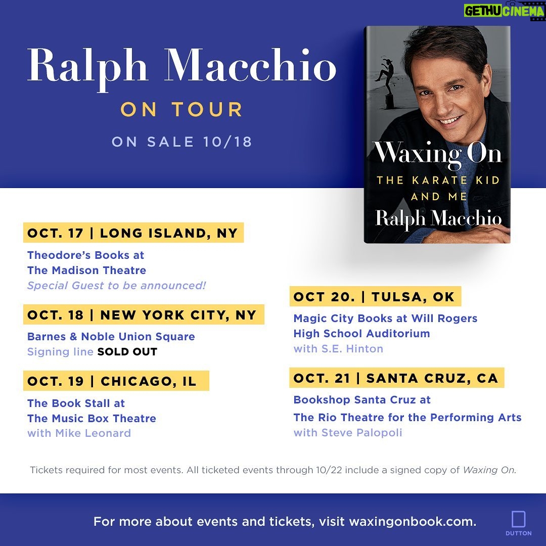 Ralph Macchio Instagram - Book tour update!! Getting excited to see everyone in Oct! Two events are now SOLD OUT, so if you want to come by, make sure you get your tickets now! Happy to announce we have two new signings: one virtual (linked on my website, open to international readers!), and another in Philadelphia. (Link to #WaxingOn info in bio)