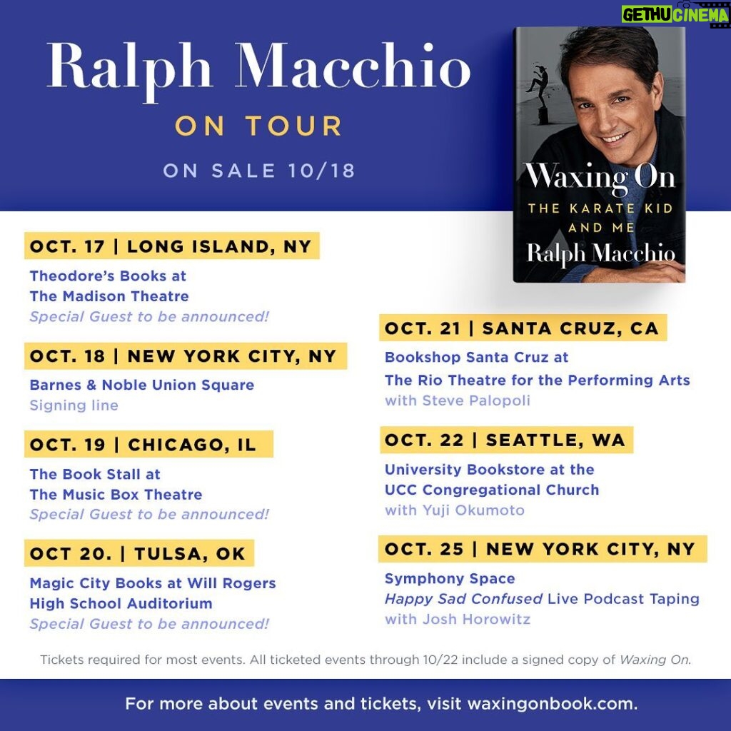 Ralph Macchio Instagram - Hey all! I’m headed out on book tour for WAXING ON this October! I hope you’ll join me (and a few special guests) on the road! More information on tickets here: waxingonbook.com