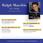 Ralph Macchio Instagram – Book tour update!! Getting excited to see everyone in Oct! Two events are now SOLD OUT, so if you want to come by, make sure you get your tickets now! Happy to announce we have two new signings: one virtual (linked on my website, open to international readers!), and another in Philadelphia. (Link to #WaxingOn info in bio)