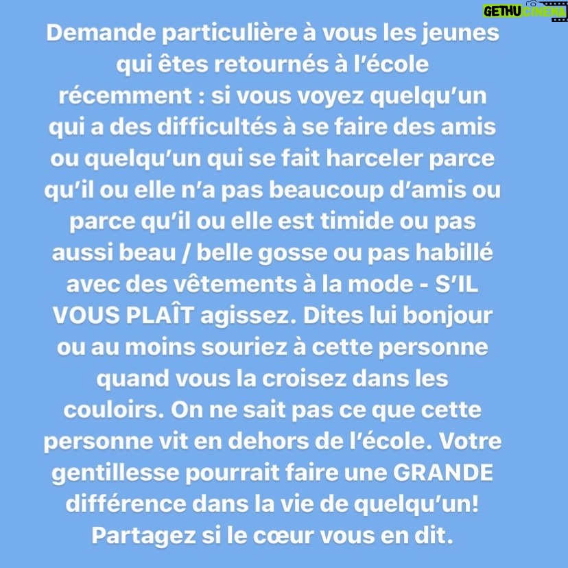 Raphaël Carlier Instagram - J’ai vu ce message chez les ricains genre Jack Black, Flea & co et du coup je le partage ici car le harcèlement scolaire ne s’arrête pas au pacifique. Force à toutes et tous. Merci ma So pour la traduction aux petits oignons.