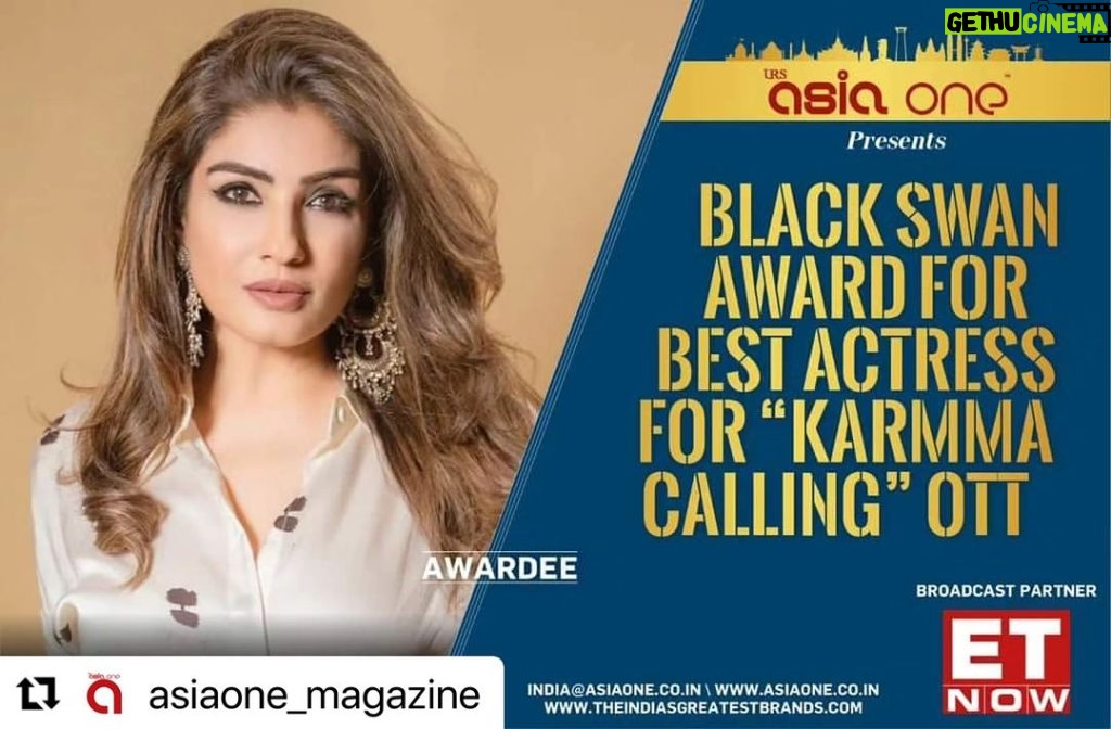Raveena Tandon Instagram - thank you for the honour! #Repost @asiaone_magazine with @use.repost ・・・ Ms. Raveena Tandon, the accomplished and versatile Indian actress, has been honoured with the prestigious “Black Swan Award for Best Actress” for her outstanding performance in the OTT show “Karmma Calling”. From captivating audiences with her nuanced expressions to portraying complex emotions with finesse, Ms. Raveena’s dedication to her craft shines through in every scene. Her ability to bring characters to life on screen has not only earned her multiple accolades but also solidified her position as one of the industry’s great talents. Join us in celebrating Ms. Raveena Tandon’s remarkable achievements in cinematic excellence. She will be felicitated with the award at the 22nd Asian Business & Social Forum 2023-24 on 27th March 2024 at The Taj Lands End Hotel, Mumbai. @officialraveenatandon #AsiaOneMagazine #AsiaOne #raveenatondon #bollywood #bollywoodactress #actress #media #dailyupdates #todaynews #newsupdates #newstoday #todaysnews #ott #bestactress #awards #blackswan #bollywoodactress