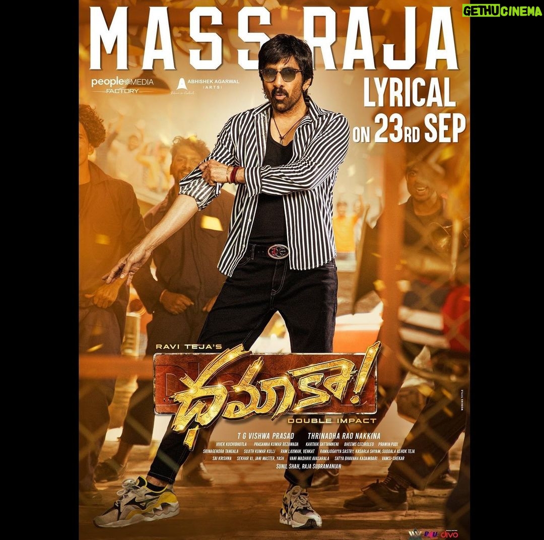 Ravi Teja Instagram - Get Ready for #Dhamaka Mass Dawatš„ #MassRaja Lyrical video on 23rd September 5:01 pm. #DhamakaMassImpact #dhamakadoubleimpact