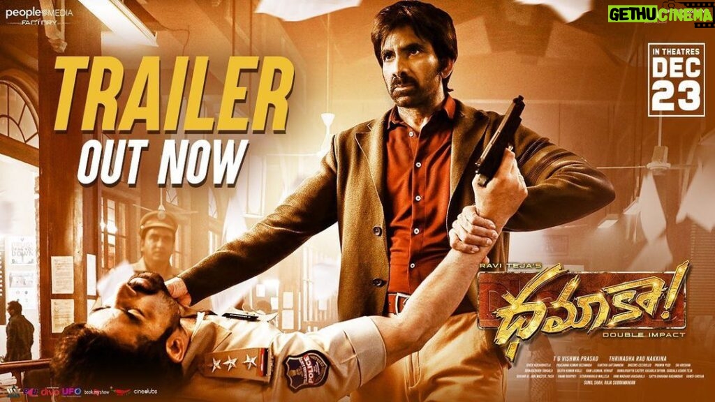 Ravi Teja Instagram - Here it is! The #Dhamaka Trailer 🔥 This DEC 23rd is going to be an entertaining one for you all 😊 థియేటర్స్ లో కలుద్దాం 😎