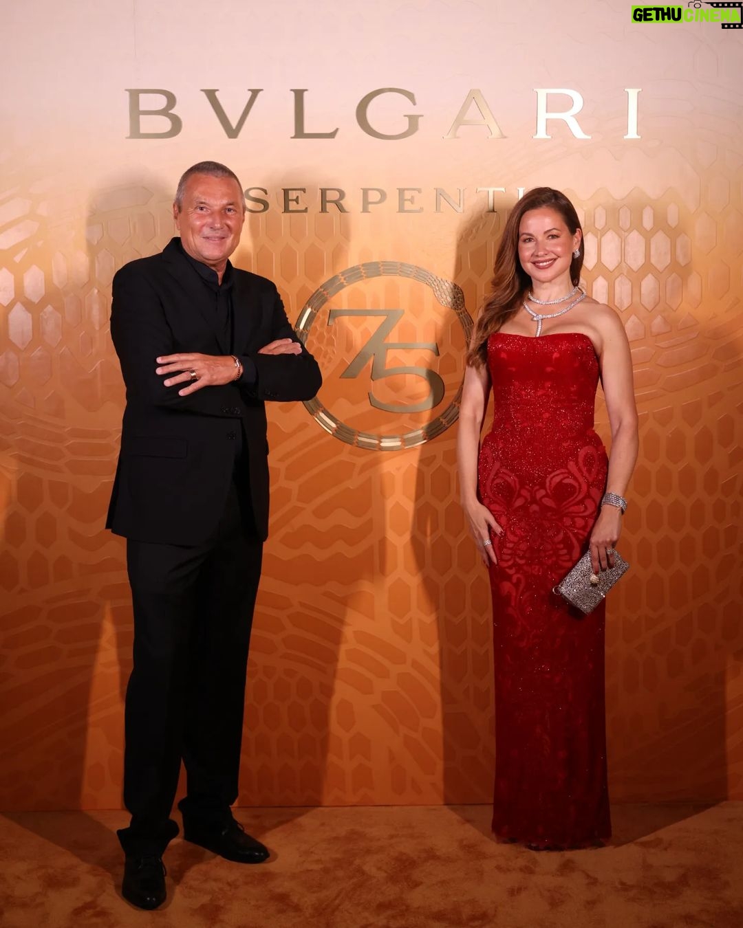 Raya Abirached Instagram - Celebrating the launch of the #Serpenti Factory exhibition on its 75th Anniversary last night with my @bulgari family in Dubai #bulgariserpenti #75yearsofinfinitetales Wrapped in exquisite Serpenti High Jewelery pieces & clutch #StyledByCed @cedrichaddad What a Dress! @tonywardcouture Shoes by @louboutinworld Makeup by @ranim.alturki Hair by @john.dimirje Couldn't get enough of your photos @patricksawaya merci! And of course much love to my @mad_solutions darlings ❤️ Dubai, UAE