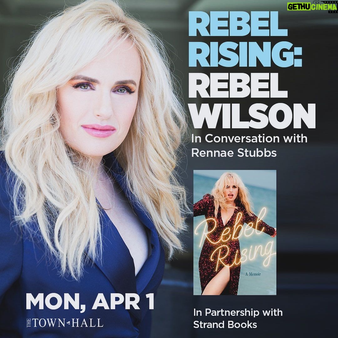 Rebel Wilson Instagram - On sale now! Rebel Wilson takes to The Town Hall stage on April 1 to discuss her highly-anticipated memoir “Rebel Rising”. Rebel is joined by tennis legend Rennae Stubbs for what promises to be a funny and touching evening of storytelling from one of Hollywood’s brightest stars! All tickets come with a book. In Partnership with Strand Books. Ticket link in bio @rebelwilson @rennaestubbs @strandbookstore . . . #rebelwilson #rebelrising #rennaestubbs #strandbookstore #pitchperfect #memoir #books #actor