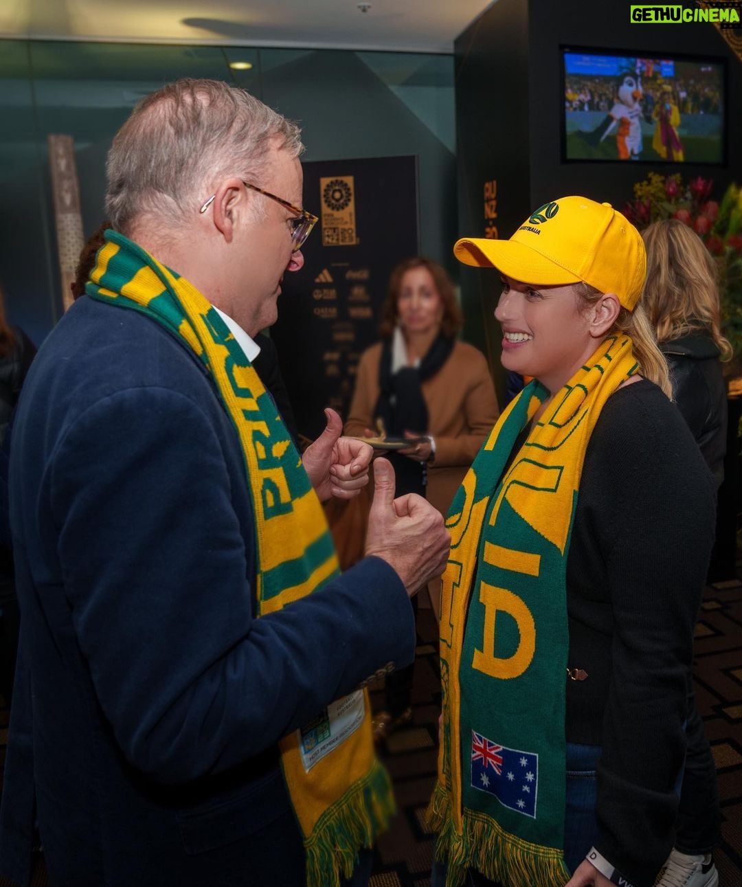 Rebel Wilson Instagram - With Australia’s Prime Minister @albomp cheering on @matildas 🐨 🦘 🐨 and had to mention that my Great Great Grandfather Dr Robert Stopford held the seat of Balmain as a politician in 1922 😘