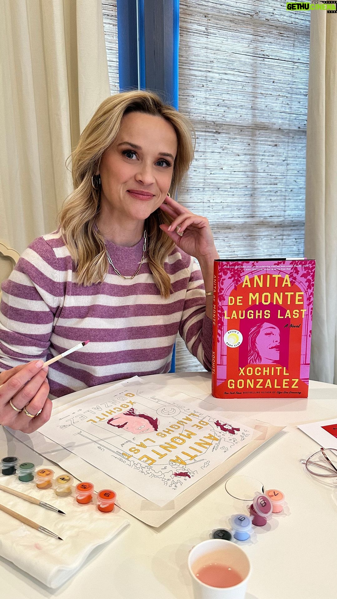Reese Witherspoon Instagram - Our March @reesesbookclub pick is everything. ππ Anita de Monte Laughs Last by @xochitltheg asks some big questions, like who in art or history is remembered, who is left behind or erased and WHY. I have goosebumps just talking about this story and I canβt wait to hear what you think. BRB, going to do the paint by numbers now! π¨