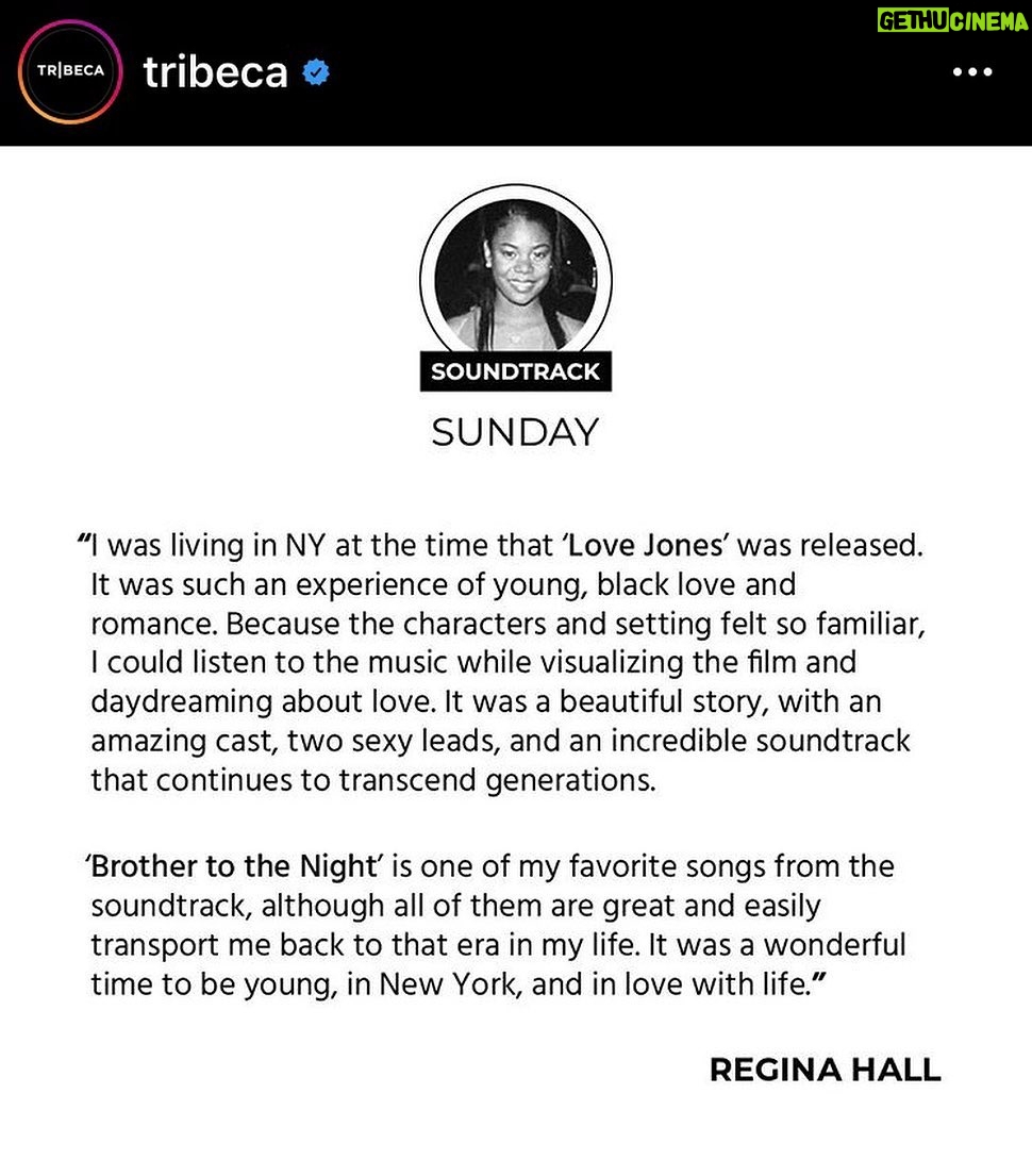 Regina Hall Instagram - Had a chance to reminisce with @tribeca about my favorite movie soundtrack and Love Jones was it for me! Take a listen and be transported to the 90s. • #soundtracksunday #tribeca #lovejones