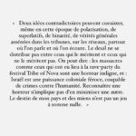 Riadh Belaïche Instagram - LA PAIX ET UNE PALESTINE LIBRE 🇵🇸 Je vous partage les extraits de La Tribune de l’auteur palestinien Karim Kattan en carrousel, que j’ai trouvé très juste. Mon point de vue est ci-dessous ⬇️. Comme vous, je me suis réveillé samedi avec les images horribles de l’attaque du Hamas en Israël. Comme vous, j’ai l’impression d’avoir grandi avec ce conflit et ses images atroces auxquelles je ne m’habituerais jamais qu’il s’agisse de morts d’innocents palestiniens ou israéliens. Aucune souffrance ne doit indifférer. Comme vous je l’espère, j’ai toujours été révolté par la colonisation et ses conséquences sur la vie des palestiniens. Par la politique d’un gouvernement d’extrême-droite qui colonise, humilie et tue des palestiniens. Partout dans le monde, il faut dénoncer la colonisation. Je crois que l’on peut dire cela, sans que quiconque en déduise que l’on valide ou cautionne la mort d’innocents. Il ne faut pas se laisser prendre au piège ou avoir peur de parler, rien n’est compliqué quand on fait preuve d’humanité et d’honnêteté. J’aurais pu me taire mais je considère que c’est mon devoir de m’exprimer, de dire à quel point j’ai été choqué samedi et de rendre visible les drames palestiniens à l’heure où Gaza est bombardé avec une indifférence qui me fait froid dans le dos. #freepalestine
