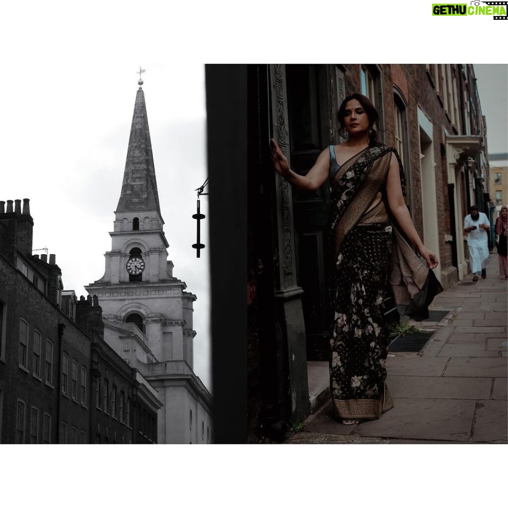Richa Chadha Instagram - Recent immigrant, Eastend, London, circa 1960. Imagine India is newly independent, all though severed by the colonialists… A Bangla woman, gets a scholarship to go from Shantiniketan to UCL. She roams the streets around twilight, enjoying new freedom and donning a leatherjacket on her sari. Homesick, curious. Just that. Sari @shantibanaras Jacket - vintage, picked up in Detroit HMU @harryrajput64 Styles by @anishagandhi3 @rochelledsa Drinks enjoyment @deepakvijayrathod Drinks provider @sinbadphgura Photographer @sinbadphgura Always fun making art with friends…❣️