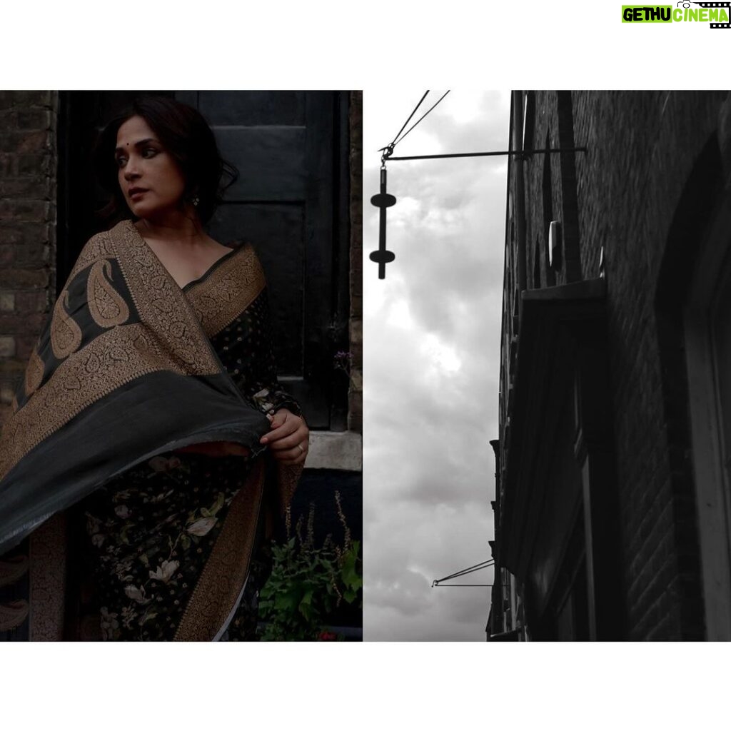Richa Chadha Instagram - Recent immigrant, Eastend, London, circa 1960. Imagine India is newly independent, all though severed by the colonialists… A Bangla woman, gets a scholarship to go from Shantiniketan to UCL. She roams the streets around twilight, enjoying new freedom and donning a leatherjacket on her sari. Homesick, curious. Just that. Sari @shantibanaras Jacket - vintage, picked up in Detroit HMU @harryrajput64 Styles by @anishagandhi3 @rochelledsa Drinks enjoyment @deepakvijayrathod Drinks provider @sinbadphgura Photographer @sinbadphgura Always fun making art with friends…❣️