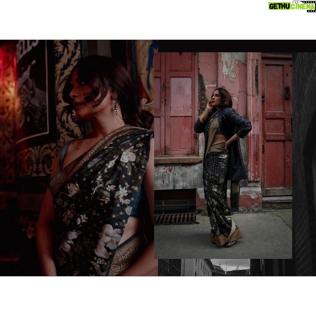 Richa Chadha Instagram - Recent immigrant, Eastend, London, circa 1960. Imagine India is newly independent, all though severed by the colonialists… A Bangla woman, gets a scholarship to go from Shantiniketan to UCL. She roams the streets around twilight, enjoying new freedom and donning a leatherjacket on her sari. Homesick, curious. Just that. Sari @shantibanaras Jacket - vintage, picked up in Detroit HMU @harryrajput64 Styles by @anishagandhi3 @rochelledsa Drinks enjoyment @deepakvijayrathod Drinks provider @sinbadphgura Photographer @sinbadphgura Always fun making art with friends…❣️