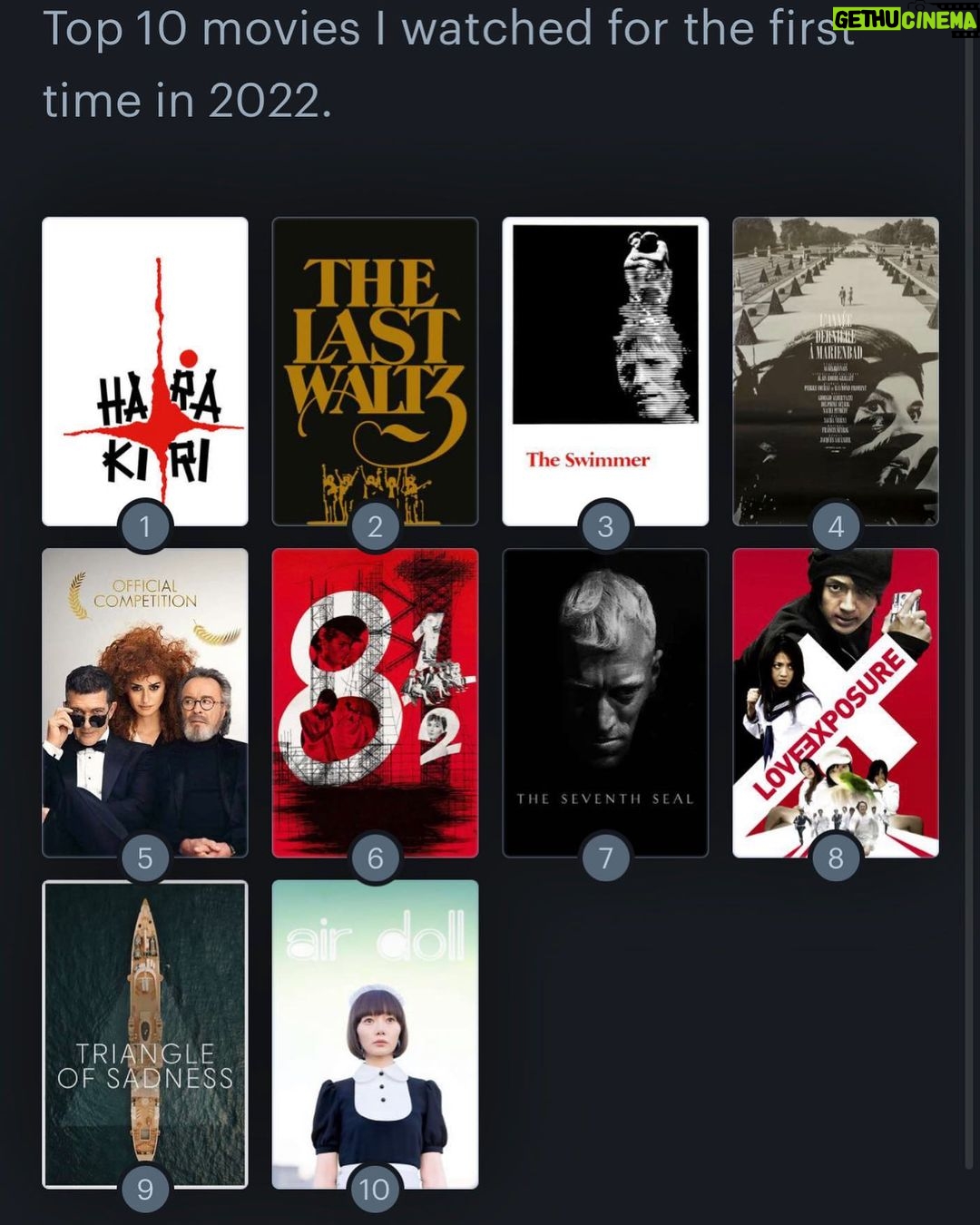 Richard Harmon Instagram - Top 10 2022 1) Harakiri (1962) 2) The Last Waltz (1978) 3) The Swimmer (1968) 4) Last Year At Marienbad (1968) 5) Official Competition (2021) 6) 8 1/2 (1963) 7) The Seventh Seal (1957) 8) Love Exposure (2008) 9) Triangle Of Sadness (2022) 10) Air Doll (2009)