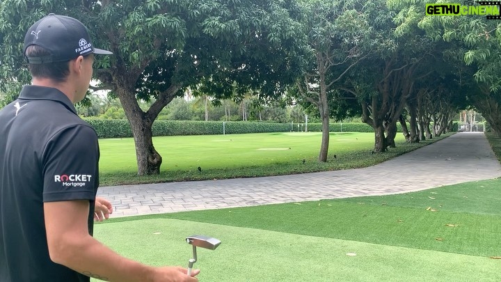 Rickie Fowler Instagram - How do you #PracticeWithPix ?? • The first picture will give you a POV of where I am at set up...I can’t see my left eye or nose as they get covered up by the ball and putter head...my right eye is behind the putter and just under the line/just inside the middle of the ball • Birdseye video will be a little distorted because of the angle not being from my eyes but gives you a rough idea if you were to imagine the ball being about 2 inches up on the black line...one of the things I focus on throughout the stroke is where I’m looking...I look at the ground behind the ball and don’t move my eyes until the ball has rolled a couple feet...one way I like to work on my eyes staying still is putting a dime behind the ball as if it was your ball marker...hit putts while keeping your eyes on the dime...this helps with releasing the putter naturally and not looking up toward the hole causing you to push/pull/guide it • Face on...after checking things on the mirror it’s time to hit some putts without it...first when I come in to set up to a putt I always walk in and set the putter in first with my right hand (unless I’m working on something that is off) this helps promote a consistent set up...don’t dictate where the putter has to go let the putter dictate where you stand...second when the putter is swinging properly I like to see the butt of the grip point back in a very similar spot throughout the stroke which for me is just left of my bellybutton • Down the line...you’ll see it’s a pretty relaxed position at set up...slight bend in the knees and even weight distribution...one thing I like to see here is a little bit of my left forearm vs being hidden by my right one and then the shaft and forearms being on the same plane • The last couple videos it’s just fun to watch the @taylormadegolf #TP5pix roll...if the things above aren’t done properly the ball will give you quick feedback...how do you #PracticeWithPix ?