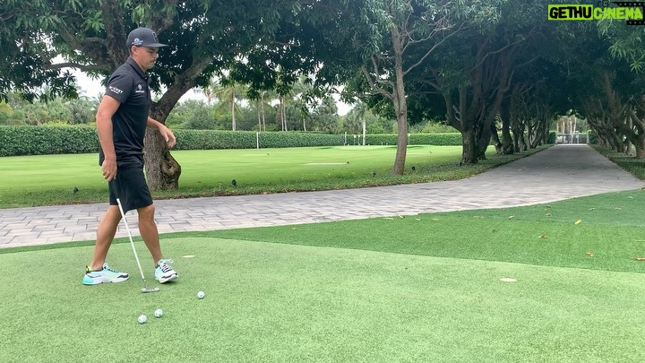 Rickie Fowler Instagram - How do you #PracticeWithPix ?? • The first picture will give you a POV of where I am at set up...I can’t see my left eye or nose as they get covered up by the ball and putter head...my right eye is behind the putter and just under the line/just inside the middle of the ball • Birdseye video will be a little distorted because of the angle not being from my eyes but gives you a rough idea if you were to imagine the ball being about 2 inches up on the black line...one of the things I focus on throughout the stroke is where I’m looking...I look at the ground behind the ball and don’t move my eyes until the ball has rolled a couple feet...one way I like to work on my eyes staying still is putting a dime behind the ball as if it was your ball marker...hit putts while keeping your eyes on the dime...this helps with releasing the putter naturally and not looking up toward the hole causing you to push/pull/guide it • Face on...after checking things on the mirror it’s time to hit some putts without it...first when I come in to set up to a putt I always walk in and set the putter in first with my right hand (unless I’m working on something that is off) this helps promote a consistent set up...don’t dictate where the putter has to go let the putter dictate where you stand...second when the putter is swinging properly I like to see the butt of the grip point back in a very similar spot throughout the stroke which for me is just left of my bellybutton • Down the line...you’ll see it’s a pretty relaxed position at set up...slight bend in the knees and even weight distribution...one thing I like to see here is a little bit of my left forearm vs being hidden by my right one and then the shaft and forearms being on the same plane • The last couple videos it’s just fun to watch the @taylormadegolf #TP5pix roll...if the things above aren’t done properly the ball will give you quick feedback...how do you #PracticeWithPix ?