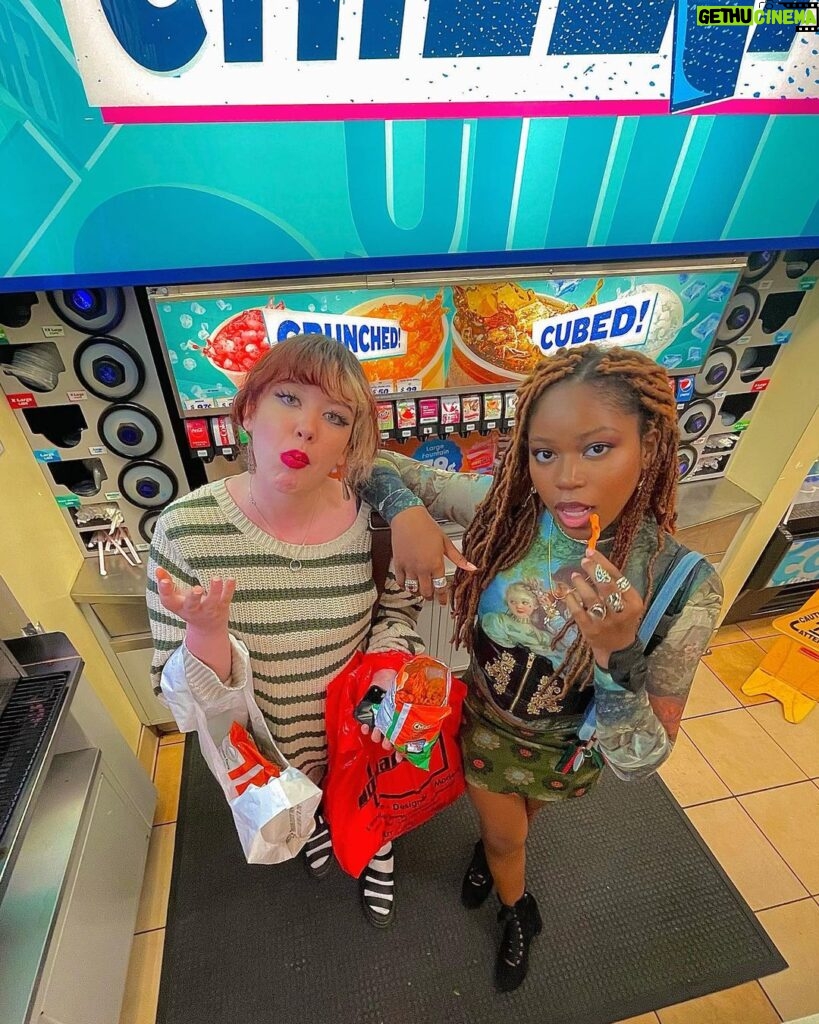 Riele Downs Instagram - this is what 18 years of friendship looks like.. flaming hot cheetos in a gas station at 2:22am 🤾‍♂️❤️‍🔥🕺🏾 happy bday rayney love you 😁