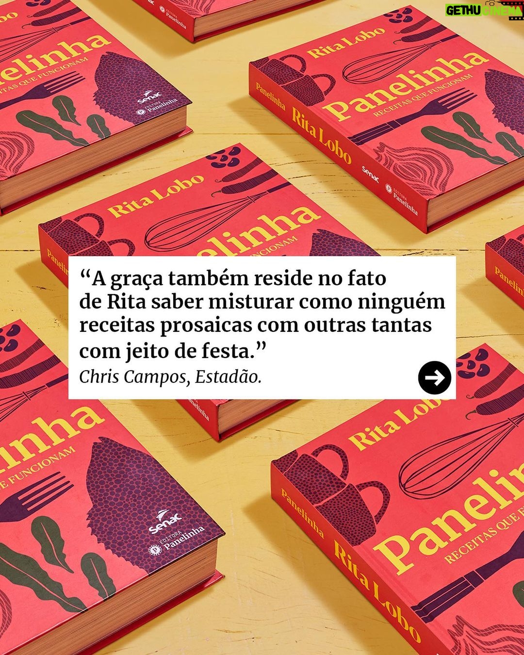Rita Lobo Instagram - Saiu uma crítica superlegal do meu novo livro no @Estadao. ❤️ Arraste pra ver alguns trechinhos que a jornalista @casadachris escreveu pro @paladar. O Panelinha, publicado em parceria com a @editorasenacsp, é o meu livro definitivo. Ele concentra (quase) tudo que aprendi sobre alimentação durante essas mais de duas décadas de carreira. E TÔ AMANDO ver que ele também tá virando o livro definitivo de receitas de muita gente!! No Panelinha.com.br tem a lista de onde comprar. Vou deixar o link também nos stories. :)