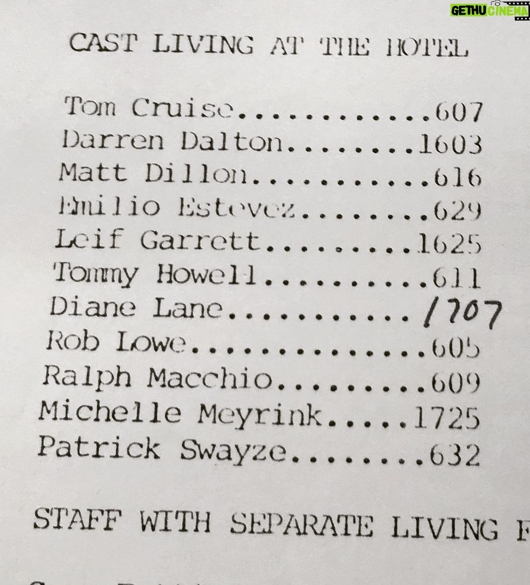 Rob Lowe Instagram - #TBT - Cast and crew hotel room assignments when shooting The Outsiders on location.
