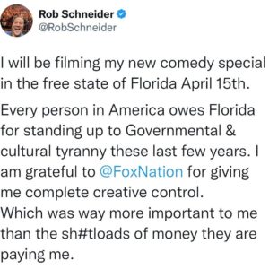 Rob Schneider Instagram - I will be filming my new comedy special in the free state of Florida April 15th,
“ROB SCHNEIDER LIVE!”
Every person in America owes Florida for standing up to Governmental & cultural tyranny these last few years. I am grateful to @FoxNation for giving me complete creative control.
Which was way more important to me than the sh#tloads of money they are paying me.

🎟️ link in bio 

#tampa #tampatheatre #florida