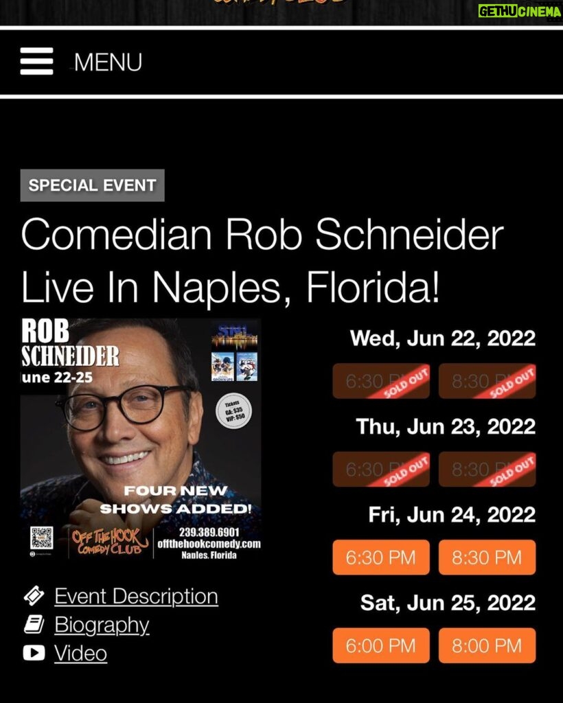 Rob Schneider Instagram - FOUR SHOWS ADDED! Off The Hook Comedy Club 2500 Vanderbilt Beach Naples FL 34109 Call 239-389-6901