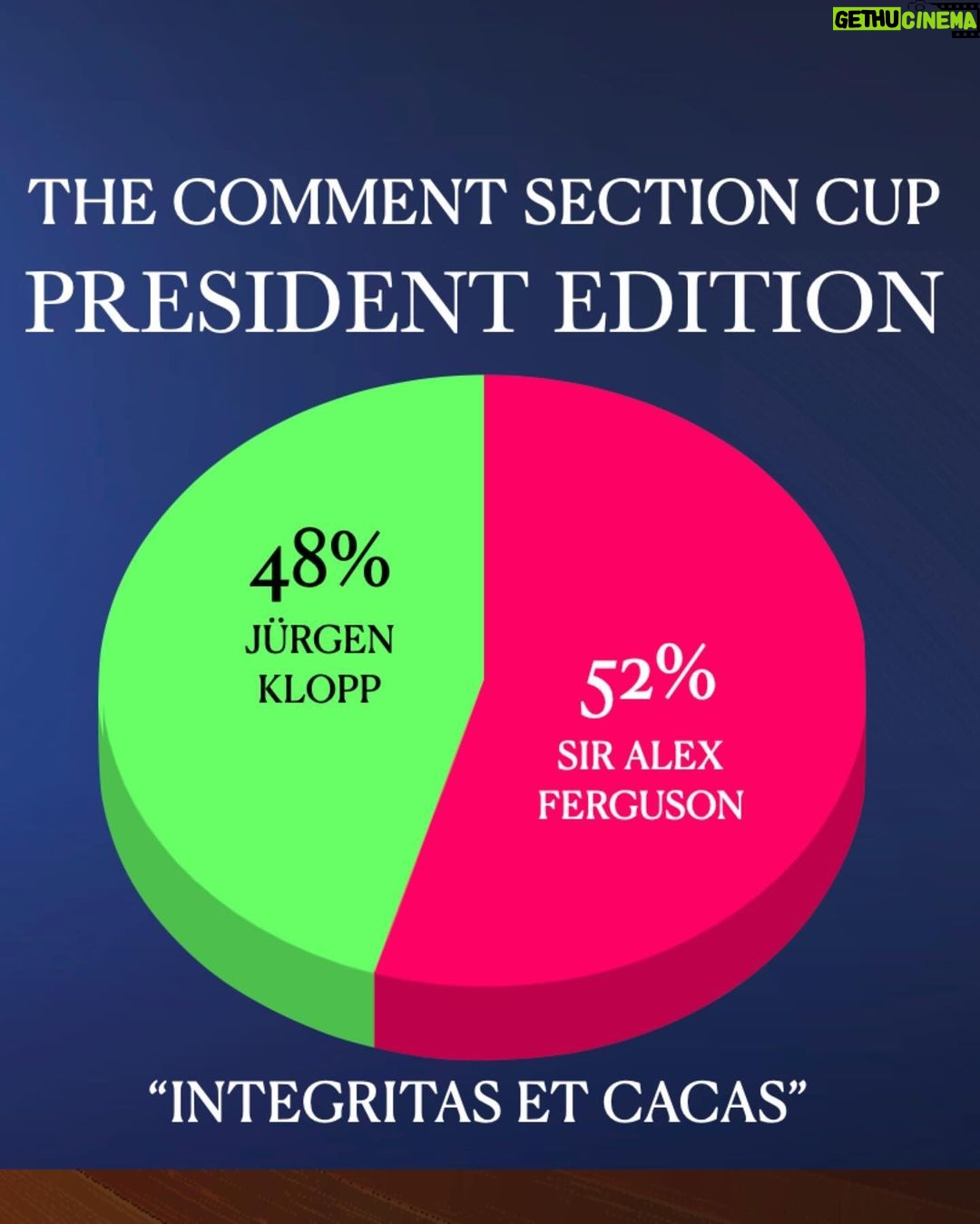 Robbie Williams Instagram - Integritas Et Cacas. The Comment Section Cup - president edition…. Yesterday Sarina_friendlie picked Jurgen Klopp because he has nice teeth. I applaud this level of silliness. And what a beautiful world to imagine. Peace breaks out and our consciousness is so evolved that we now make decisions purely based on dentistry.👏 I see a few of you yesterday were unaware of both candidates. Believe me, they make sense in the places they make sense. So that being said, in our first match Sir Alex Ferguson beat Jurgen Klopp by a very fine margin 52% to Mr Klopp’s 48% I love both of them but it just goes to show How Sir Alex’s allure is evergreen. For those of you who need a more global match, check today’s out. Taylor Swift V Harry Styles Former lovers turned presidential candidates, running against each other for leadership of the world. And with that, I think I just wrote the premise for the next Richard Curtis film. FYI the president just brings us good news because life is full of good news now. They don’t have to keep the peace because we have now transcended our warlike past. It’s never coming back. Rejoice. And whilst rejoicing pick your peacetime President in the comment section below. Get Sectioned cos. WE TAKE SILLY very SERIOUSLY R.P. Williams President/Chairman/Benevolent Dictator and Delusional Manifesting Champ. Namaste 🙏❤️