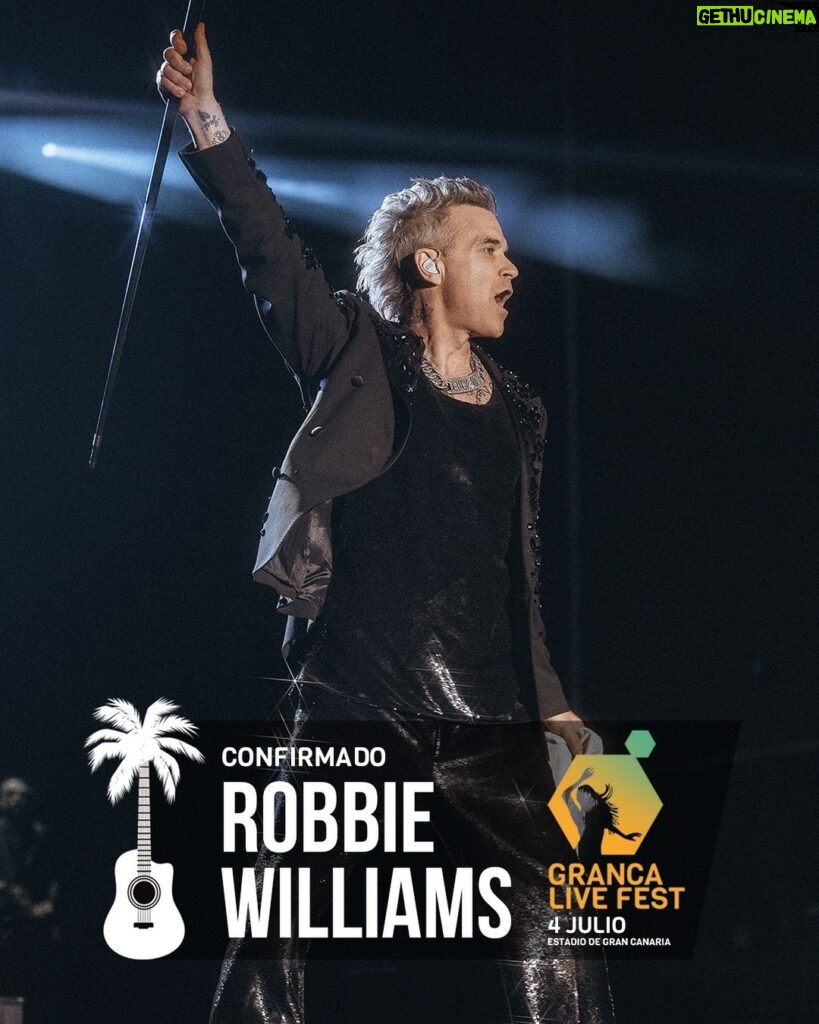 Robbie Williams Instagram - This July, Robbie headlines the third edition of @grancalivefest in Gran Canaria, Spain. An exclusive pre-sale will take place on March 7th 2024 for those with a 2 Day Pass. The general on sale will start on March 8th 2024 at 10:00 CET. More details at the link in bio.