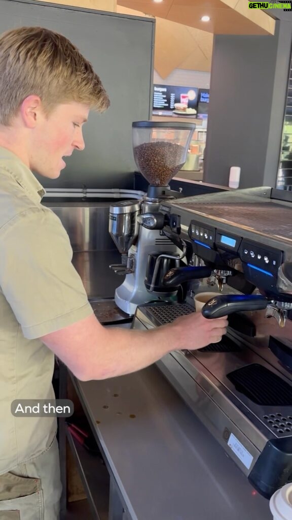 Robert Clarence Irwin Instagram - Taking the morning shift at the Crikey Cafe at @australiazoo. Get your coffee order ready next time you visit, it might not be right, but I’ll try my best 😅