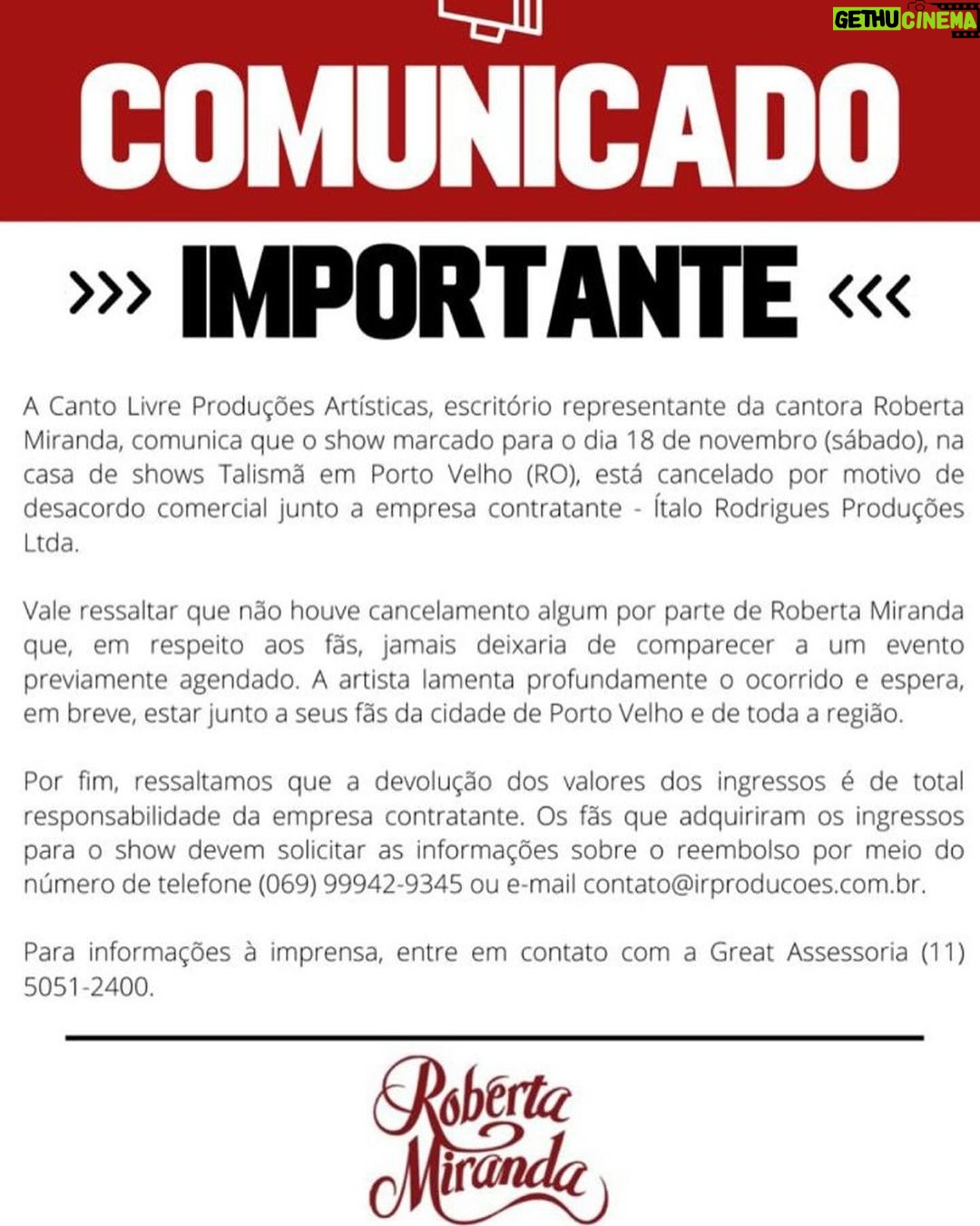Roberta Miranda Instagram - Show dia 18/10 em Porto Velho,CANCELADO! Casa de show TALISMÃ Descumprimento comercial