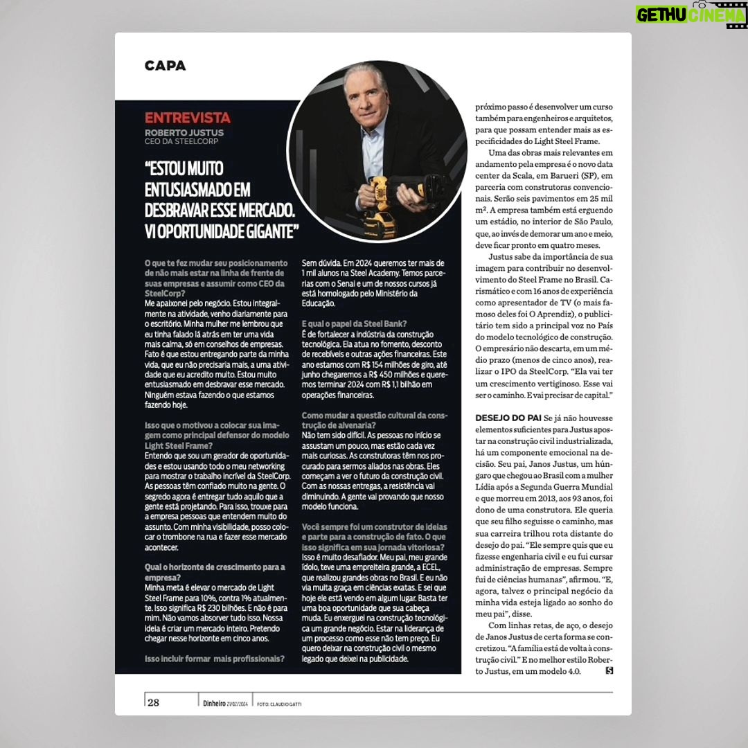 Roberto Justus Instagram - Somos capa! Contamos para a @istoe_dinheiro nosso propósito de transformação da construção civil no Brasil. @robertoljustus , @danielgispert e @marcelopieruzzi falam sobre como o Grupo SteelCorp está revolucionando o mercado de Light Steel Frame. Conteúdo completo no link da bio. @tecnoframe.tech @steelbank.tech @steelacademy.tech