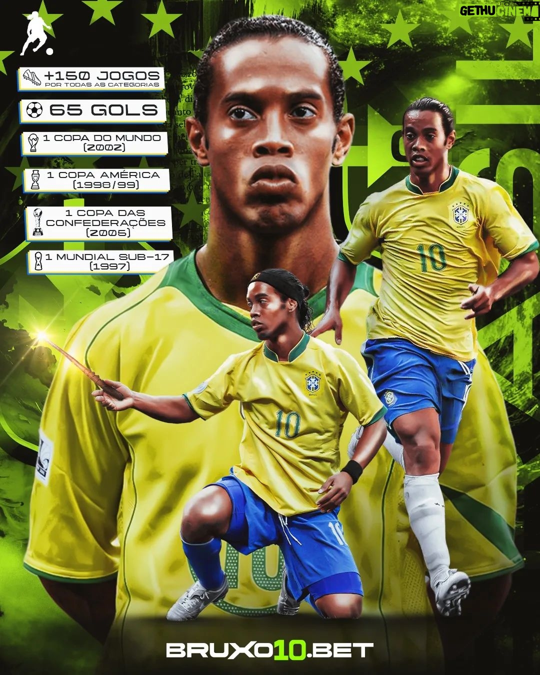 Ronaldinho Instagram - Legado do Bruxo com a amarelinha! 🇧🇷⚽ Nosso pentacampeão mundial soma mais de 150 jogos pela Seleção Brasileira e 4 títulos. Uma história que jamais será esquecida! 🧙🏿♂ E aí, você sabe contra quem foi o primeiro gol do Bruxo pela seleção principal? Os 20 primeiros que acertarem e seguirem o perfil da bruxo10.bet, ganham R$ 30,00 de banca para se divertir! Conta pra gente nos comentários 😎💥