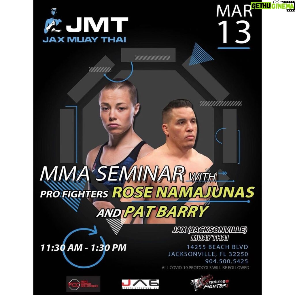 Rose Namajunas Instagram - Hey Jacksonville...Pat and I are putting on a seminar in your part of Fl. too ! we will be at Jacksonville Muay Thai this Saturday March 13 .. the seminar is for all levels/all ages -hope to see you there! Reserve your spot @jaxmuaythai (Link in their bio) @getmeafighter @jagsportsmarketing @fightcornercollectibles
