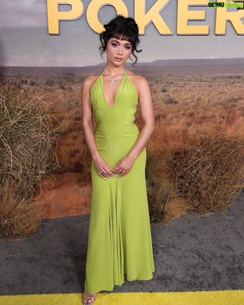 Rowan Blanchard Instagram - So happy to be a little piece of Poker Face @peacocktv , episode 8 directed by @nlyonne 💚💌 the show is wonderful ! I’m wearing @aralda.vintage archive Versace styled by @chrishoran20 , glamourrr by @jennakristina and @hisvintagetouch 🌹
