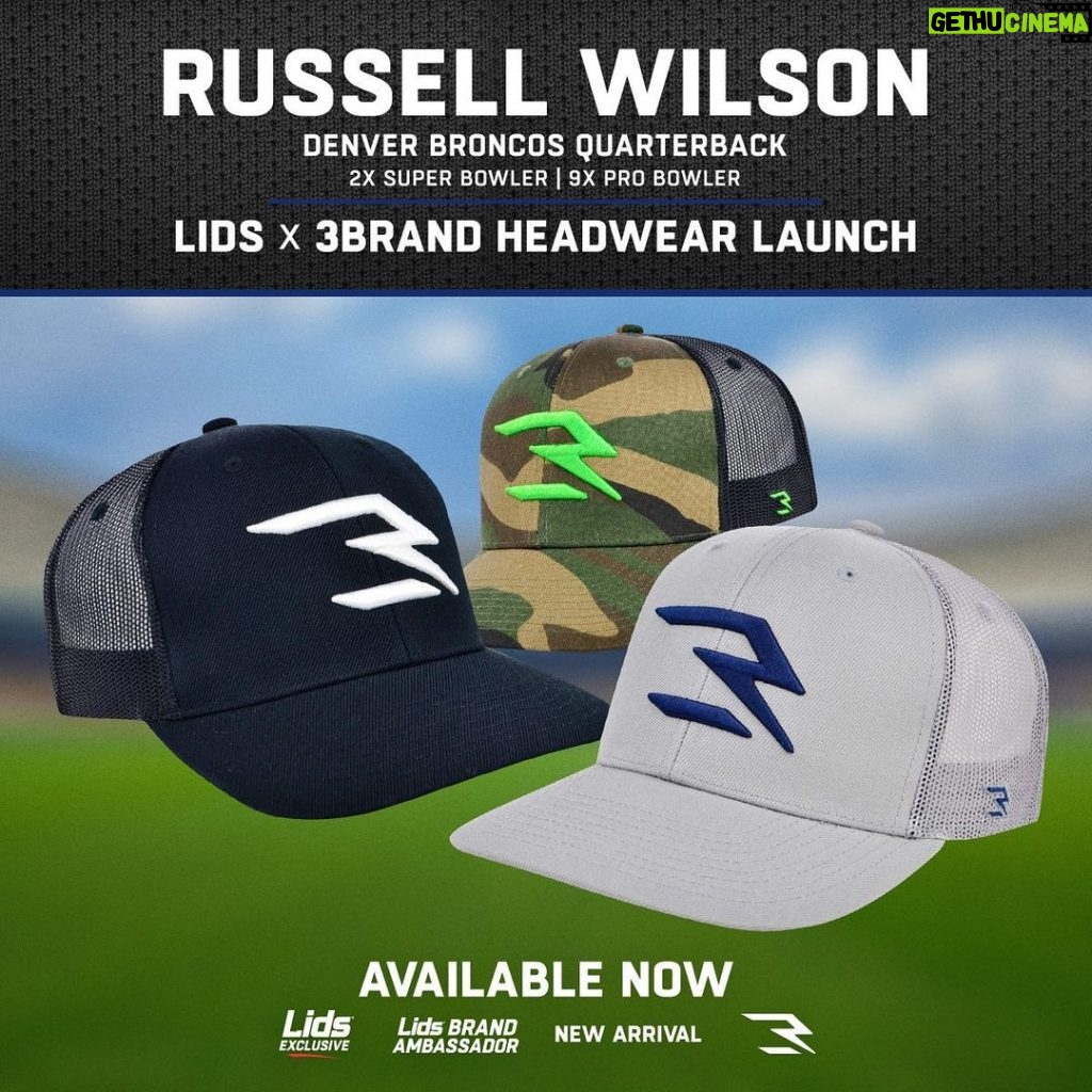 Russell Wilson Instagram - @dangerusswilson, Denver Broncos Quarterback, is back in action with a new release of our @3BRAND X Lids Collection! Sports meets fashion and lifestyle with these three new trucker snapbacks. Find these Lids Exclusive 3Brand X Lids caps at select Lids locations and on Lids.com. Link in bio.
