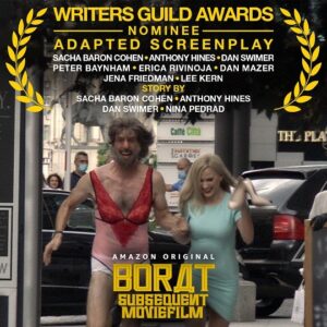 Sacha Baron Cohen Instagram - Huge thanks to the Writers Guild for the nomination of BORAT SUBSEQUENT MOVIEFILM and to my incredible co-writers. We’re humbled to be among giants — Lord of the Rings, The Pink Panther, The Godfather — in being recognized for original screenplay and the sequel.