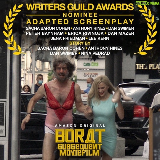Sacha Baron Cohen Instagram - Huge thanks to the Writers Guild for the nomination of BORAT SUBSEQUENT MOVIEFILM and to my incredible co-writers. We’re humbled to be among giants — Lord of the Rings, The Pink Panther, The Godfather — in being recognized for original screenplay and the sequel.