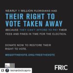 Sacha Baron Cohen Instagram - #Repost @leonardodicaprio • • • • • • Florida’s pay-to-vote system stops formerly convicted individuals with fines and fees from voting. All too often, formerly convicted Floridians aren’t able to vote because of court fines and fees - a barrier that could impact the outcome of the election. Follow @flrightsrestore to find out more about how we can all help change this or visit wegotthevote.org/freethevote #FreeTheVote