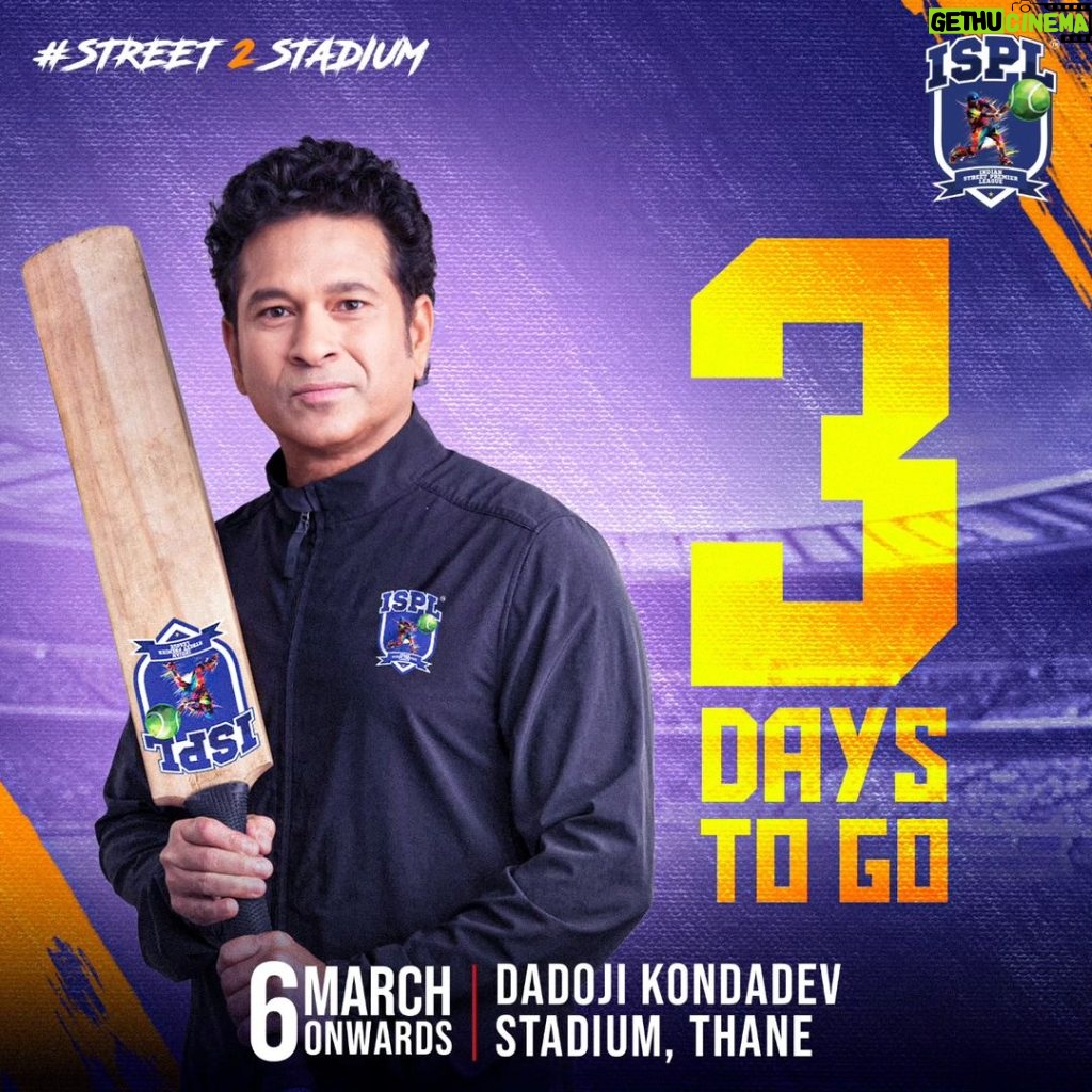 Sachin Tendulkar Instagram - Just 3 days left until you watch the master blaster and stars go head-to-head! Get ready to witness gully cricket like never before, as the stadium comes alive with the spirit of the streets. Don't miss out – mark your calendars and be part of the action! #ZindagiBadalLo #Street2Stadium #NewT10Era #EvoluT10n #ispl #isplt10 @surajsamat @amol_kale76 @advocateashishshelar @ravishastriofficial @ispl_t10