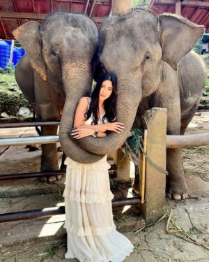 Safa Kabir Instagram - Just look at my excitement 
I was so happy to meet them 🐘🤍 and getting a hug from them was magical. I heard that elephant
symbolize strength, power, and fertility …
And lephant hug is a symbol of strength and compassion, making this statue a perfect way to show your love and appreciation.
#elephant #elephantlovers🐘🐘 #peace #power #stability