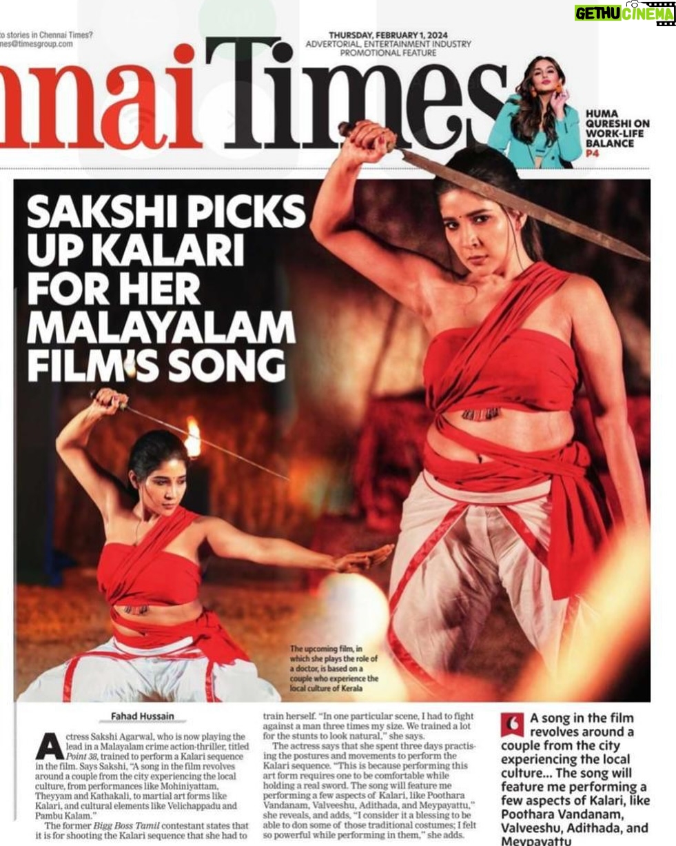 Sakshi Agarwal Instagram - Working stills from my upcoming #malayalamfilm . Thank you @benzyproductions for believing in me and giving me this beautiful opportunity. A big credit goes to my song director @subairzindagi @dheera_kalari for introducing me to this beautiful art of #kalleri . Only as an artist , we get to explore such beautiful aspects of art and culture and I am grateful to have been exposed to such mindblowing kerela tradition and culture. Thank you @chennaitimestoi @suganthm @fahad._journo for the beautiful coverage❤️ Kerala Alapuzha