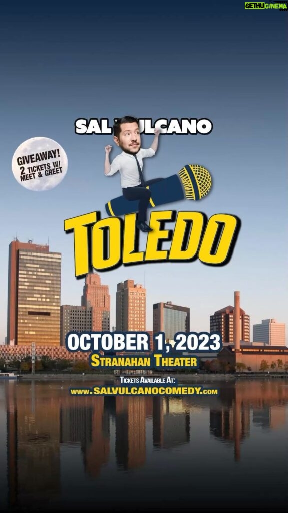 Sal Vulcano Instagram - TOLEDO! How are you fine Ohioans? (<— this feels incorrect) I will see you THIS Sunday! If you want a chance to win a MEET & GREET, comment and tag a friend! Toledo. Sounds like torpedo. I think that’s why I’m shooting through the air with a microphone between my legs. The microphone represents a torpedo and the torpedo represents Toledo. But come to think of it, I believe torpedoes are exclusively under water? So, maybe it’s supposed to be like a big flying microphone phallus or something. Believe whichever one makes you want to come to the show.