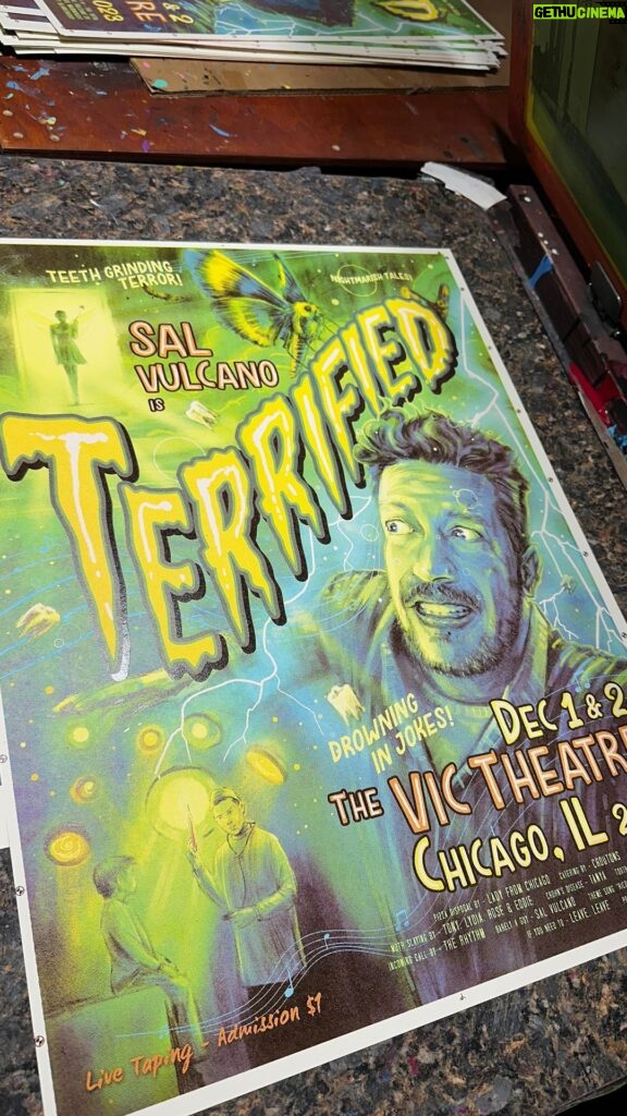 Sal Vulcano Instagram - So fun getting to know @salvulcano a little bit while working on this poster for his Comedy Special Taping Terrified Dec. 1&2 in Chicago at @thevicchicago . These limited edition screen prints will be available at the show/s as long as they last! (Reposting cause Sal wasn’t tagged properly) #flatstock #screenprinting #silkscreen #poster #comedyposter #gigposter #printingprocess #artistprocess