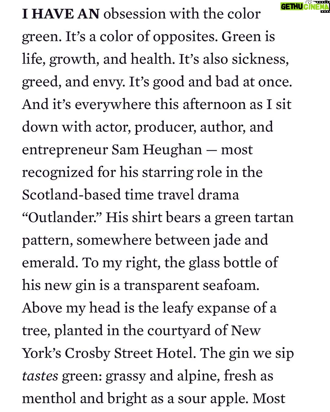 Sam Heughan Instagram - Love this article by the brilliant @smancin3 for @departures magazine! Such fun sharing my passion for New York, dining at @chinesetuxedo ,travel, Scotland and of course, our delicious Wild Scottish Gin π @sassenachspirits (Link in stories)