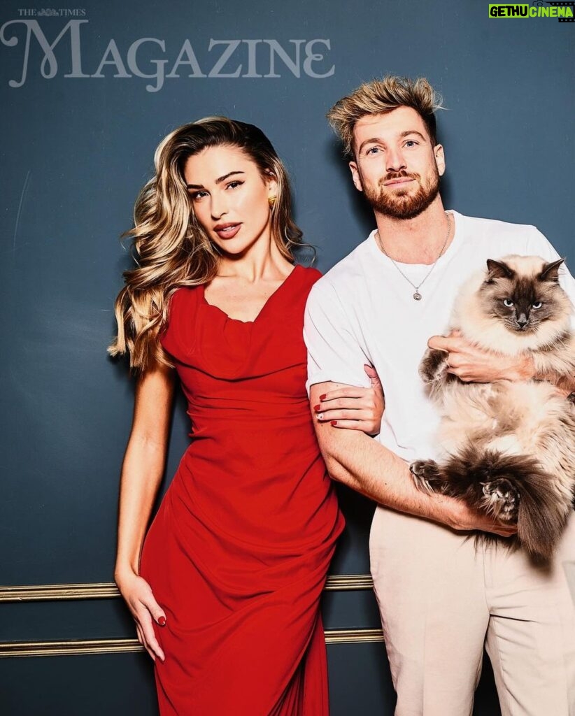 Sam Thompson Instagram - Beauty (Zara) and the beast 😂 never normally do photoshoots as it’s not really me, but the @thetimes was one that I couldn’t say no to, and especially when your other half looks that beautiful 🥹❤️ proud moment. Had to get the cats involved as well 😂