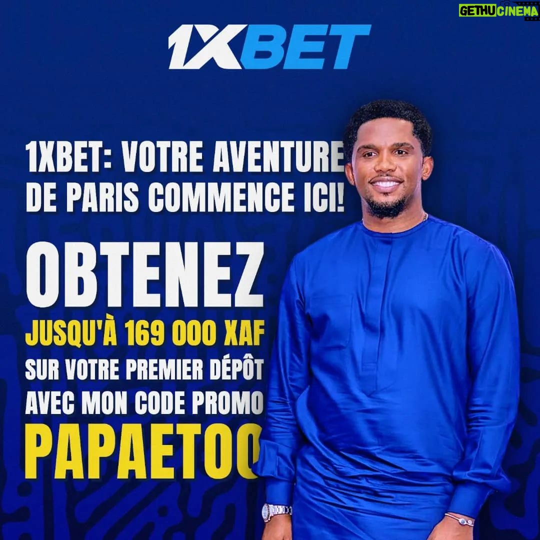 Samuel Eto'o Instagram - 🚀 1xBet: Mon Compagnon de Jeu Ultime! 🚀 C'est bien plus qu'un site de paris, c'est une expérience unique. Des cotes incroyables, une variété de jeux et un bonus de bienvenue exceptionnel jusqu'à 169 000 XAF avec mon code promo PAPAETOO. Ne manquez pas cette aventure palpitante, rejoignez-moi sur 1xBet et faites partie de la communauté gagnante! 🏆💰 (Interdiction à tous les acteurs du football camerounais de parier sur le football camerounais)
