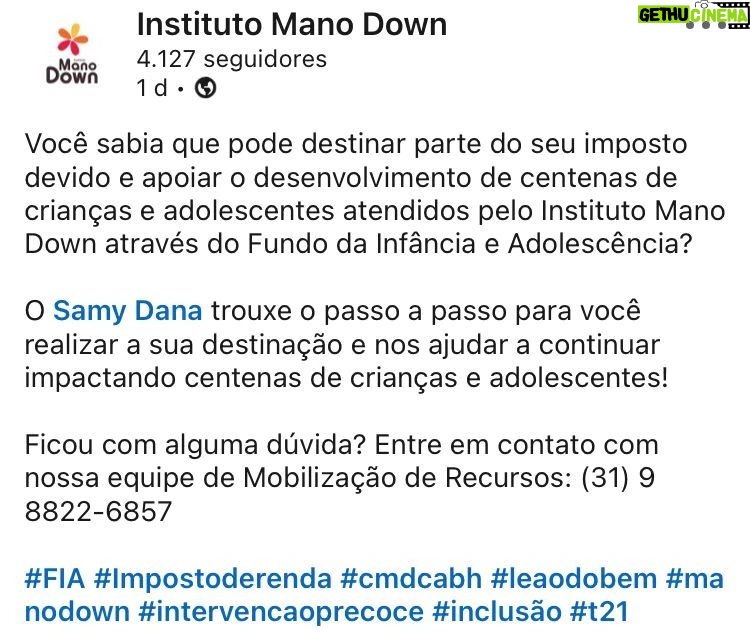 Samy Dana Instagram - Uma dica do bem! @institutomanodown