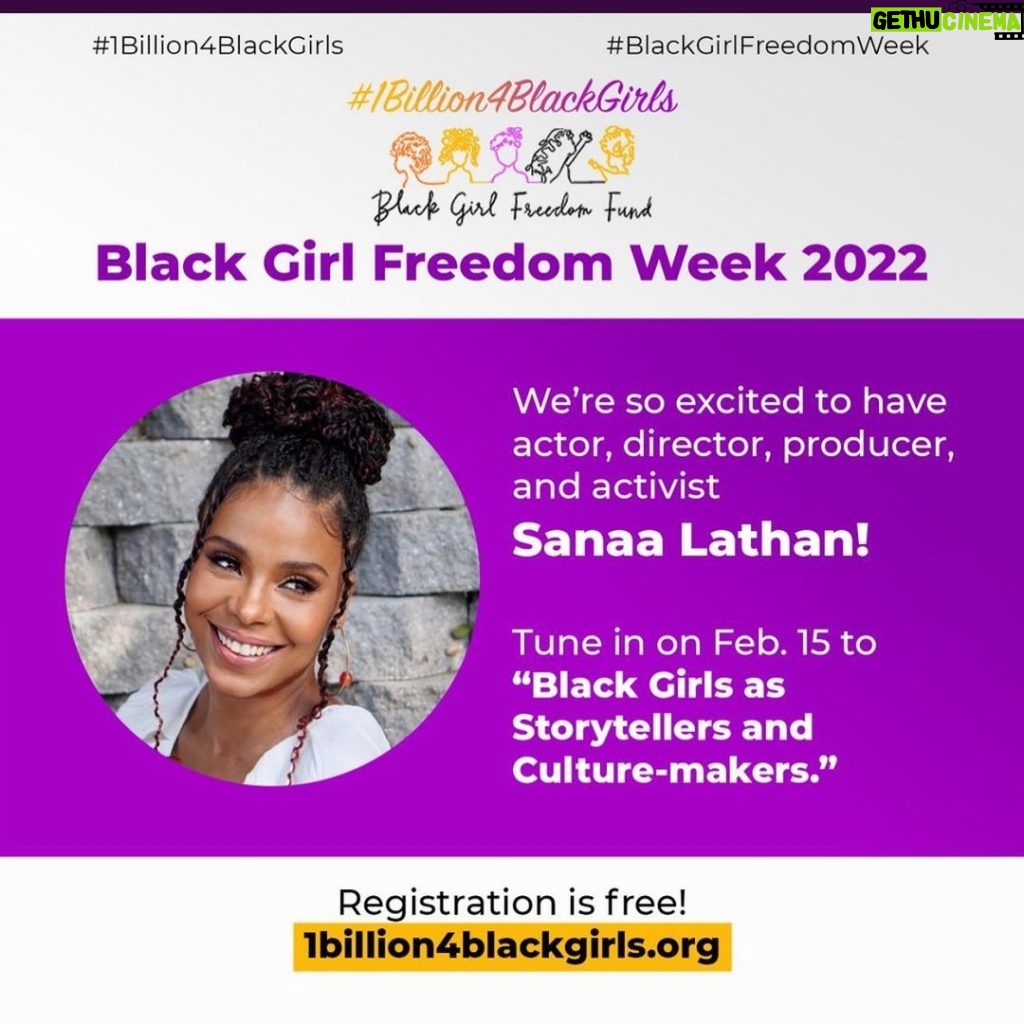 Sanaa Lathan Instagram - I’m so excited to celebrate #BlackGirlFreedomWeek, a time to uplift and support the dreams, power, joy and leadership of Black girls, femmes and gender-expansive youth. Tune into @BlackGirlFreedomFund Feb. 14-20 to participate in the inspiring conversations and events, and learn more about how you can be a part of change. Join the #1Billion4BlackGirls campaign and Black Girl Freedom Fund for an amazing week. Register now at: https://bit.ly/BGFW2022REG and learn more at bgfw.1billion4blackgirls.org